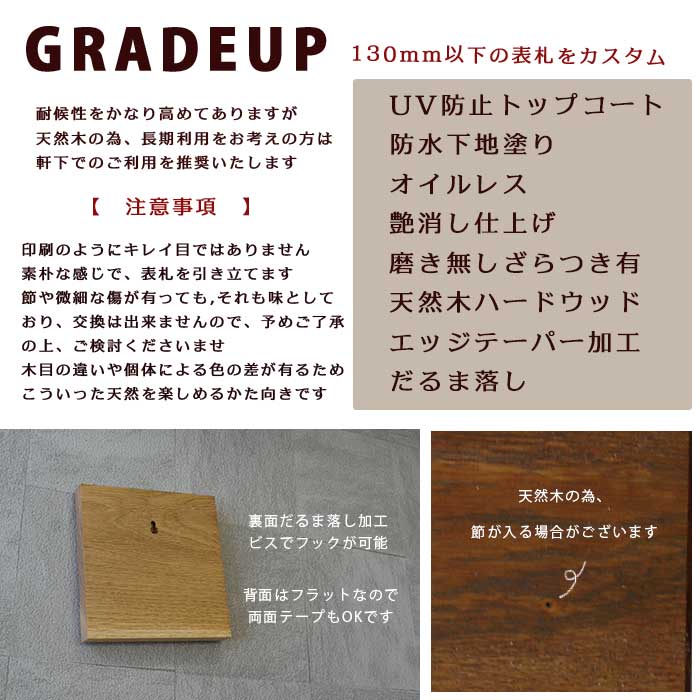 ウッド台座のカスタム説明。130mm以下の表札適用、UV防止トップコート加工、天然素材使用。